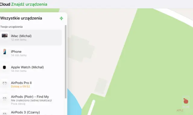 Interfejs iCloud "Znajdź urządzenia" pokazuje listę urządzeń, w tym iPhone'a. Można tu zarządzać sprzętem, nawet jeśli nie masz go przy sobie, co jest pomocne, gdy zastanawiasz się, jak wyłączyć Find My iPhone bez telefonu.