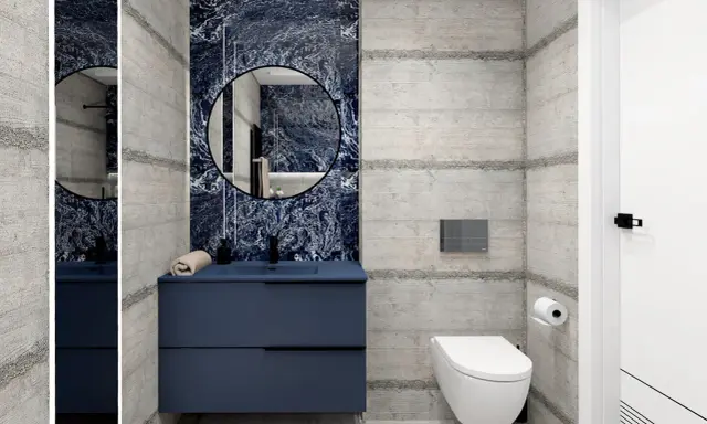 Nowoczesna granatowa łazienka inspiracje: beton, marmur i elegancka szafka.