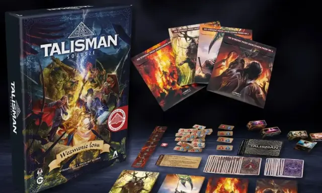 Dodatek do gry komputerowej "Talisman: Sojusze" z kartami, żetonami i pudełkiem.