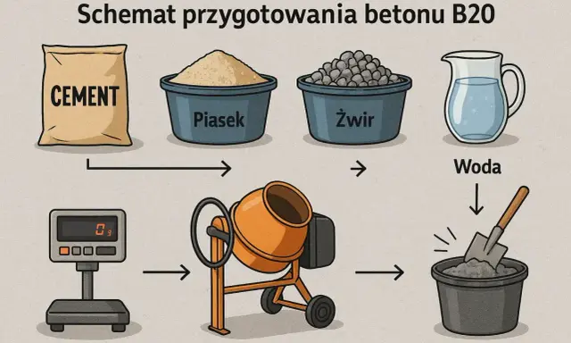 Schemat przygotowania betonu B20: cement, piasek, żwir i woda są ważone i mieszane w betoniarce.