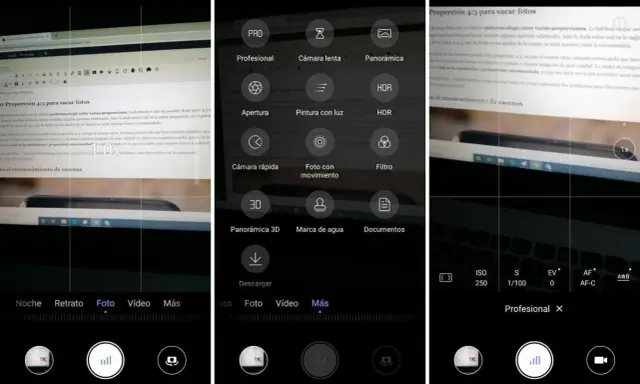 Ajustes de cámara en un teléfono: modos Pro, lenta, panorámica, HDR, apertura, filtros y más.