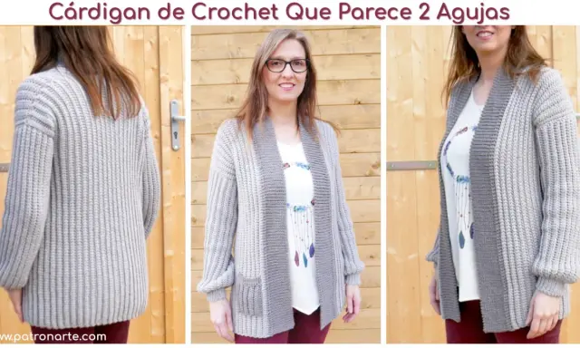 Chaqueta de crochet gris con bolsillos, fácil de hacer. Un diseño que parece tejido a dos agujas.