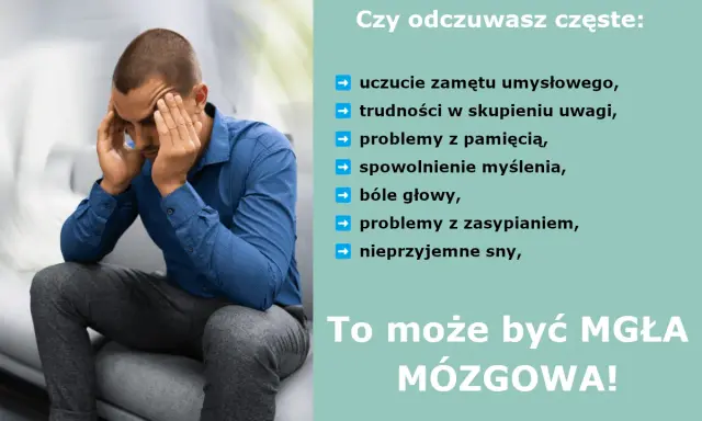Mężczyzna z rękami na skroniach, cierpiący na mgłę mózgową, doświadcza zamętu, problemów z pamięcią i koncentracją.