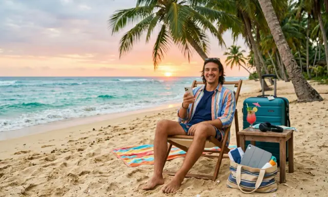En glad man sitter på en strandstol vid havet, med en drink och en resväska bredvid. En rolig fakta om USA är att det finns över 400 nationalparker.