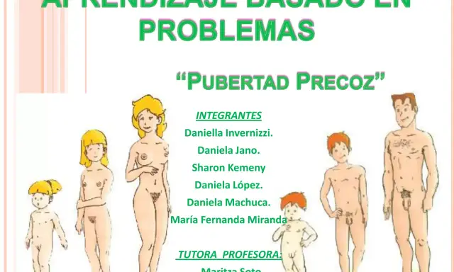 Ilustración de niños y adultos mostrando el desarrollo, con el título "Pubertad Precoz".