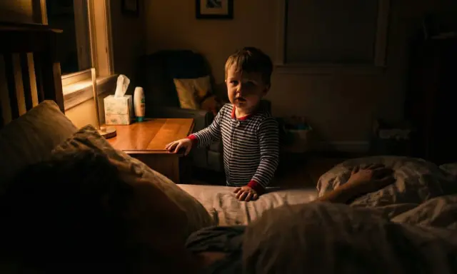 Mały chłopiec w piżamie stoi przy łóżku. Co zrobić, gdy dziecko nie wraca na noc do domu?
