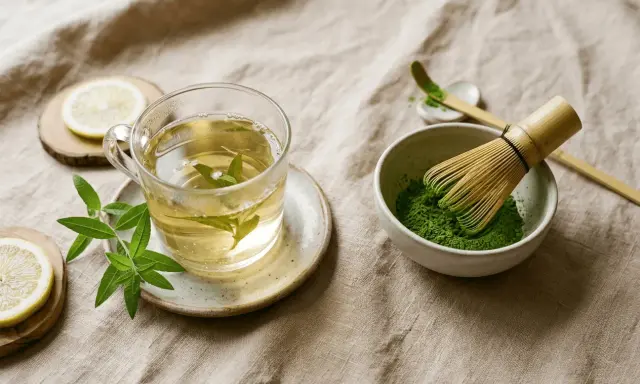 Préparation du matcha pour profiter de ses bienfaits. Thé vert, citron et herbes fraîches sur fond de lin.