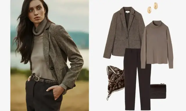 Eleganckie stylizacje z golfem: tweedowa marynarka, beżowy golf, czarne spodnie, apaszka i torebka.