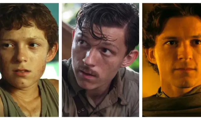 Tre bilder på Tom Holland i olika filmer. Från ung pojke till vuxen man, en resa genom hans karriär.