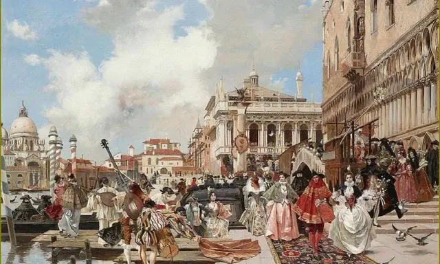 Scène de carnaval à Venise, inspirée par Théophile Gautier. Des personnages costumés déambulent sur un tapis, musique et architecture grandiose.