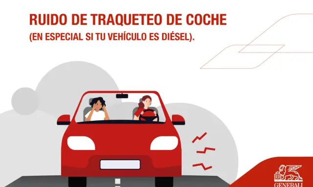 Dos mujeres en un coche rojo, una con las manos en las orejas por el ruido del motor. El texto indica "ruido coche en marcha".