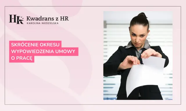 Kobieta w garniturze rozdziera dokument. Temat: skrócenie okresu wypowiedzenia umowy o pracę.