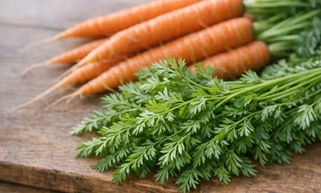 Un bouquet de fanes de carottes fraîches et vertes repose à côté de carottes orangées sur une planche en bois.