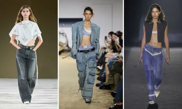 Modelle sfoggiano jeans a vita bassa: uno grigio oversize, uno cargo con giacca abbinata, e uno blu patchwork con pizzo.