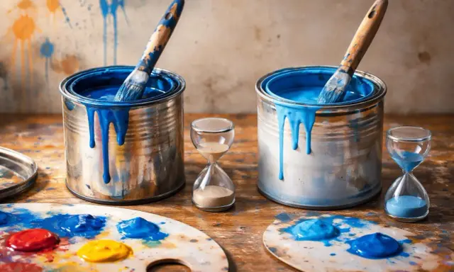 Deux boîtes de peinture bleue, des pinceaux et des sabliers suggèrent l'idée d'accélérer le séchage de la peinture glycéro.