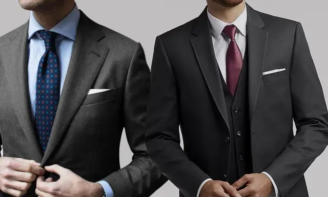 Two men showcase stylish charcoal suit combinations. One wears a patterned tie, the other a burgundy tie and vest.