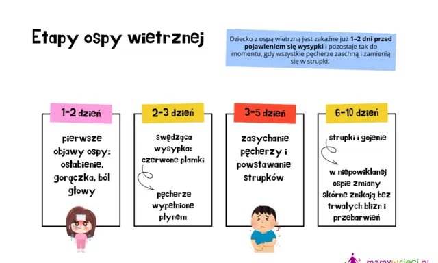 Jak wygląda ospa: od pierwszych objawów (osłabienie, gorączka) przez swędzącą wysypkę i pęcherze, aż po strupki i gojenie.