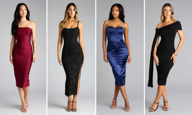 Four women in elegant dresses, showcasing a range of cocktail vs formal styles.