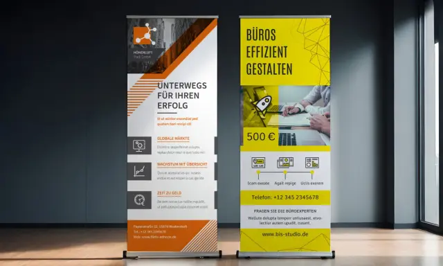 Dos roll up ejemplos publicitarios: uno naranja con "UNTERWEGS FÜR IHREN ERFOLG" y otro amarillo con "BÜROS EFFIZIENT GESTALTEN".