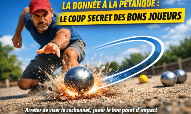Un joueur de pétanque lance une boule qui éclabousse de terre. La donnée à la pétanque, le coup secret des bons joueurs.