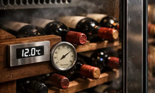 Cave à vin avec bouteilles rangées. Un thermomètre affiche 12.0°C, garantissant la température idéale pour la conservation.
