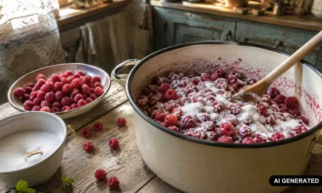 Maliny w cukrze w wielkim garnku, gotowe na pyszny sok z malin. Obok miska z owocami i cukrem.