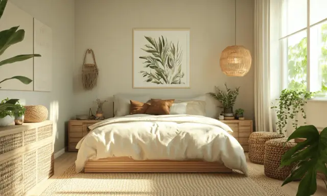 Chambre feng shui apaisante avec lit bas en bois, linge de lit clair, plantes vertes et lumière naturelle douce.