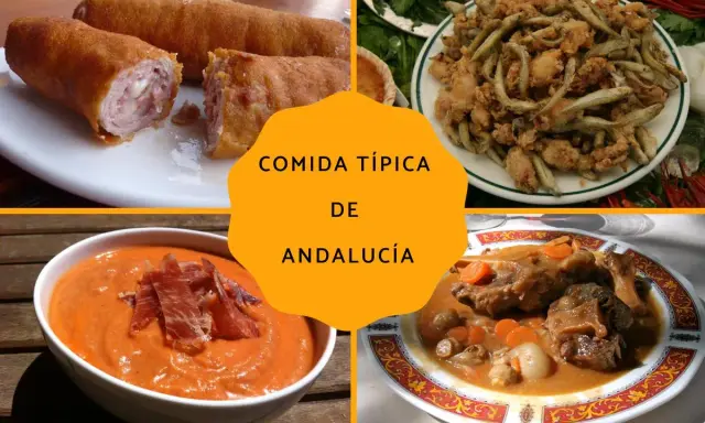 Cuatro platos de comida andaluza: croquetas, pescaíto frito, salmorejo y rabo de toro.