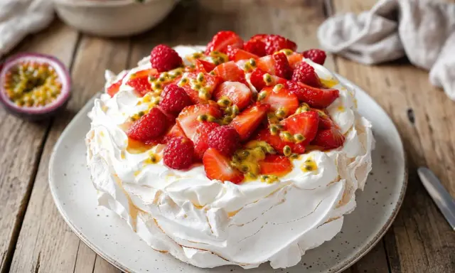 Pavlova aux fruits rouges et fruits de la passion, une délicieuse recette russe pour un dessert léger et aérien.