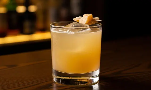 En gyllene penicillin drink med is och en garnering av ingefära på en träyta.