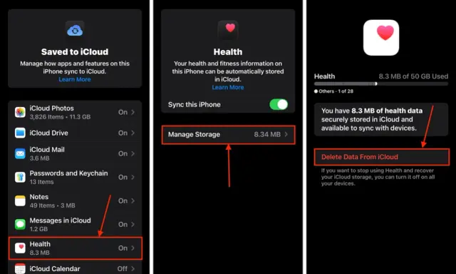 Jak usunąć aplikacje z iPhone: na ekranie "Zarządzaj pamięcią iCloud" wybierz "Zdrowie", a następnie "Usuń dane z iCloud".