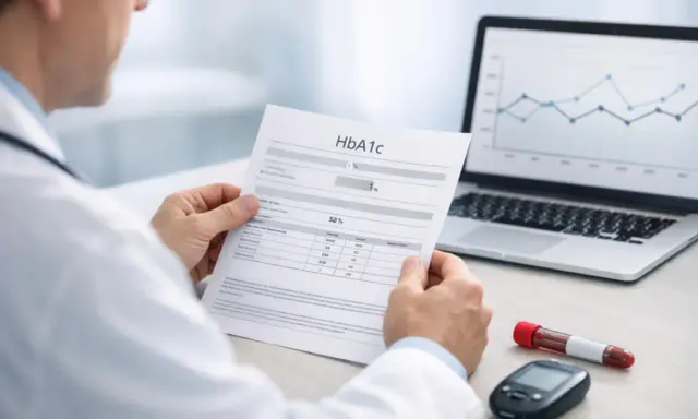 Lekarz analizuje wyniki badania HbA1c, które wskazują na normę. Obok leży glukometr i probówka z krwią.