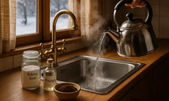 Une astuce de grand-mère pour l'odeur de canalisation : bicarbonate, vinaigre et eau bouillante versés dans l'évier.