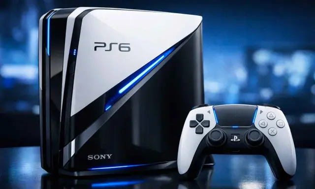 Console PlayStation 6 futuriste, blanche et noire, avec éclairage bleu vif. Manette assortie à proximité.