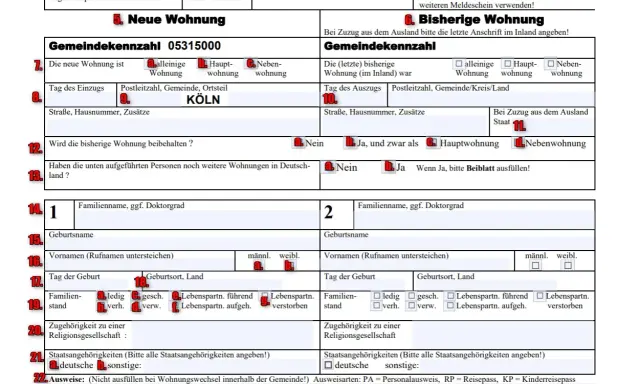 Formular zur Anmeldung einer neuen Wohnung in Köln. Osoba jest zameldowany, ale nie mieszka w tej lokalizacji.