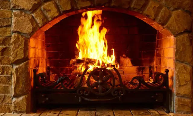 Chimenea de piedra con fuego crepitante. Aprende como encender la chimenea para crear un ambiente acogedor.