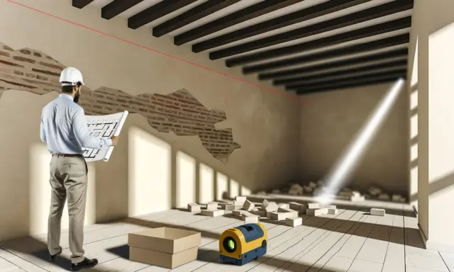 Arquitecto revisa planos para saber como tirar un tabique. Láser de construcción y escombros en el suelo.