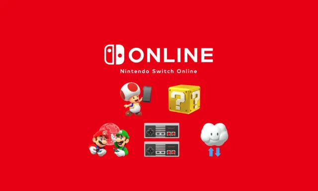 Mario, Luigi, Toad i chmurka z ikonami pobierania/wysyłania. Dowiedz się, nintendo switch online co daje!