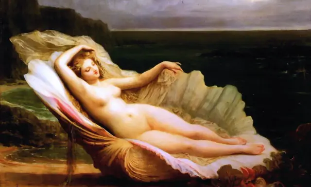 Venus, die Göttin der Liebe, ruht in einer Muschel am Ufer. Was ist akt.