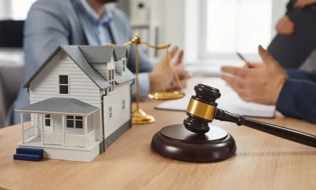 Maqueta de casa, martillo de juez y balanza de la justicia, simbolizando la ley de vivienda y disputas legales.