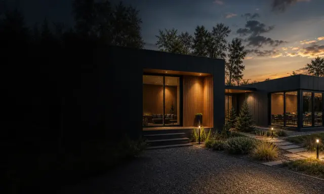 Nowoczesna budowa domu modułowego o minimalistycznej architekturze, oświetlona ciepłym światłem o zachodzie słońca.