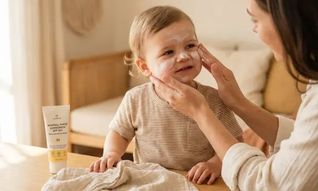 Mamma smörjer sitt barn med zinkpasta solskydd SPF 50+. En tub med solskyddet syns på bordet.