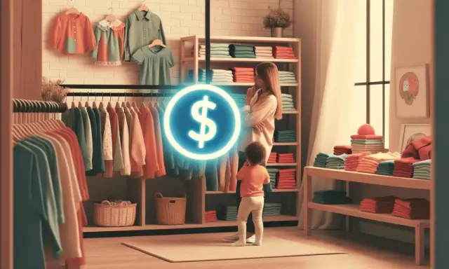 Kobieta z dzieckiem w sklepie z ubraniami, zastanawiają się jakie alimenty przy zarobkach 3500 netto można przeznaczyć na zakupy.