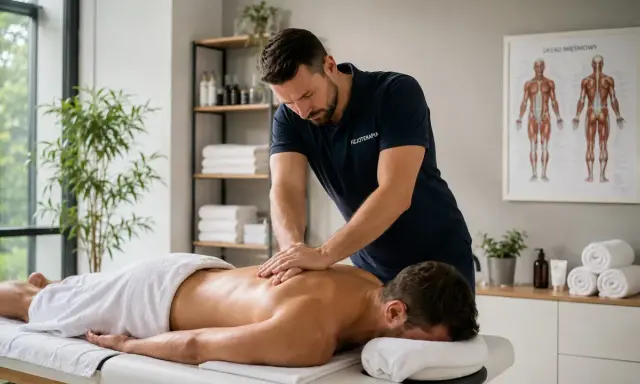Fizjoterapeuta wykonuje masaż tkanek głębokich pleców pacjenta leżącego na kozetce. W tle widać plakat z układem mięśniowym.