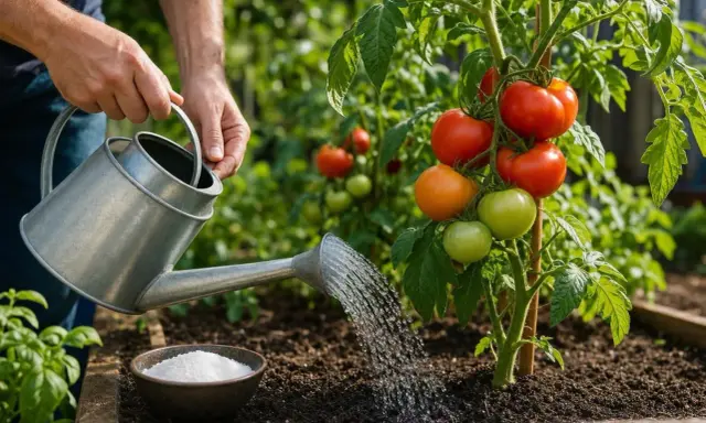 Arrosage d'un plant de tomates mûrissant, prêt pour un gourmand tomate.