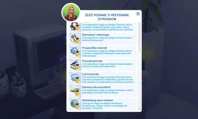 Sims 4: kierunki prestiżowe wymagania. Okno z podaniami o stypendia dla Simów: e-sport, gotowanie, zwierzęta, sztuki performatywne, przyroda, edukacja, Windenburg.