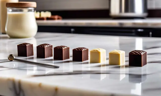 Cubes de chocolat noir et blanc alignés sur un marbre, prêts pour le temperage chocolat blanc. Une cuillère dorée repose à côté.