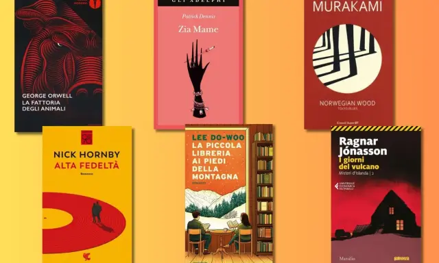 Sei copertine di libri importanti da leggere: "La fattoria degli animali", "Zia Mame", "Norwegian Wood", "Alta fedeltà", "La piccola libreria ai piedi della montagna", "I giorni del vulcano".