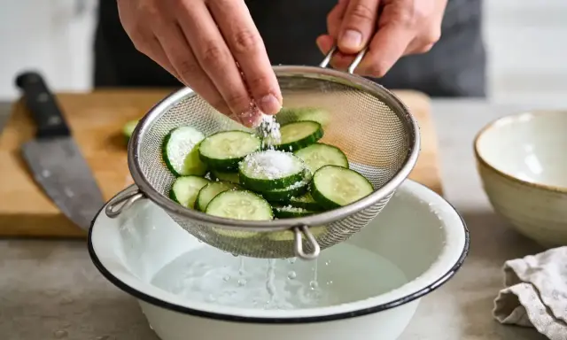 Préparation d'un concombre à la crème : des rondelles de concombre sont salées dans une passoire au-dessus d'un bol d'eau.