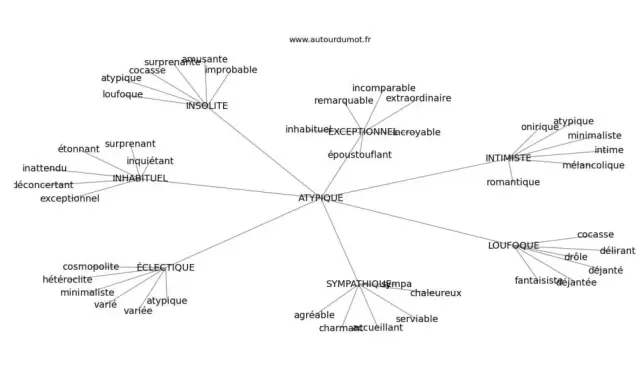 Carte mentale des synonymes d'atypique : insolite, exceptionnel, inhabituel, loufoque, éclectique.